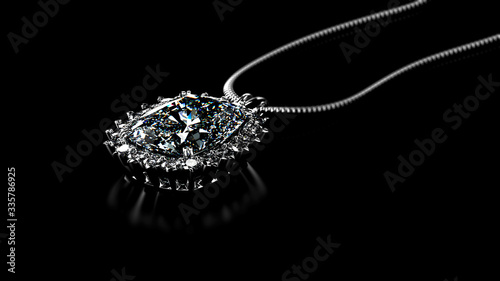 Ladies Luxury Platinum Necklace with Center Cushion Diamond on black background. 3D rendering