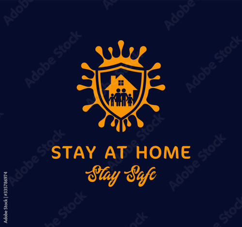 A vector sign of stay at home stay safe campaign in beautiful blue and yellow color combo with home and shield symbol