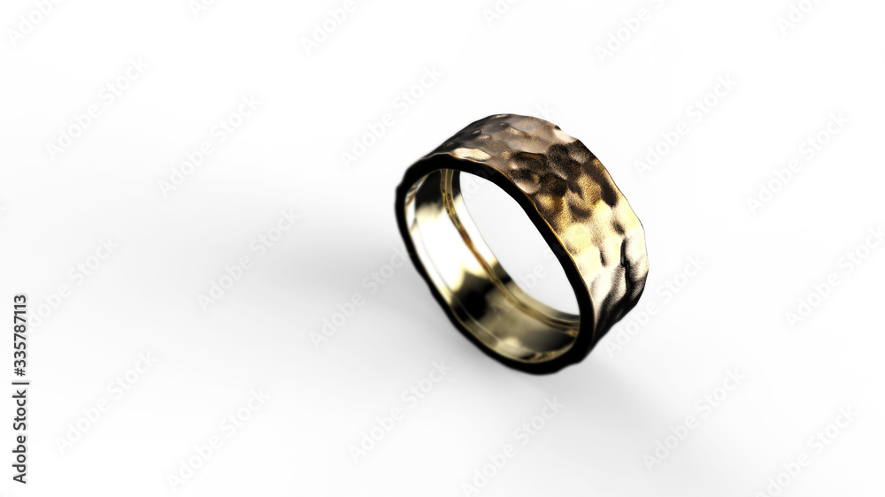 Standing Yellow Gold Hammered Ring isolated on White background. 3D Rendering