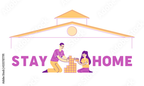 Stay Home During Coronavirus Epidemic Concept. Family Characters Staying at Home in Self Quarantine, Protection from Virus. Coronavirus Outbreak Poster Banner Flyer. Linear People Vector Illustration