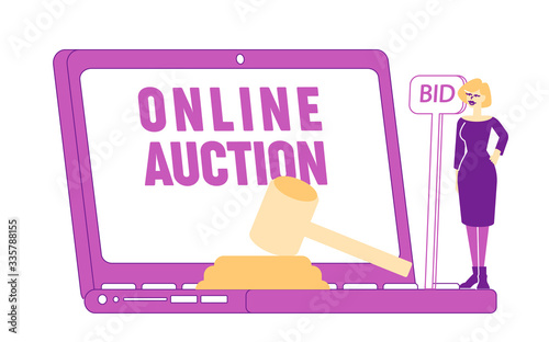 Woman Buy Assets in Internet Using Online Platform, Female Character Holding Bid Banner at Huge Laptop with Online Auction Inscription on Screen and Wooden Hammer, Business. Linear Vector Illustration