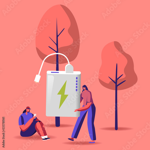 Woman Carry Huge Powerbank for Cellphone Wired Charging. Tiny Female Character with Usb Device for Mobile Phone. People Use Smart Digital Technologies and Accessories. Cartoon Vector Illustration