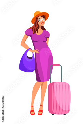 Smiling beautiful young woman with luggage bag on wheels wearing violet dress standing isolated on white backdrop. Female traveler waiting for taxi service. Cartoon character. Vector illustration.