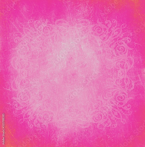 Hot pink textured grunge background with flaral flowers frame.