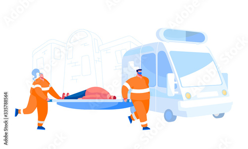 Ambulance Medical Staff Service Occupation Concept. Medics Transporting Injured Man Patient to Hospital. Emergency Paramedic Doctor Characters and Car, Health Care. Cartoon People Vector Illustration