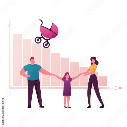 Birth Rate and Demographic Datum Concept. Happy Parents and Little Daughter Characters Hold Hand front of Decreasing Column Chart with Baby Carriage Riding Down. Cartoon People Vector Illustration