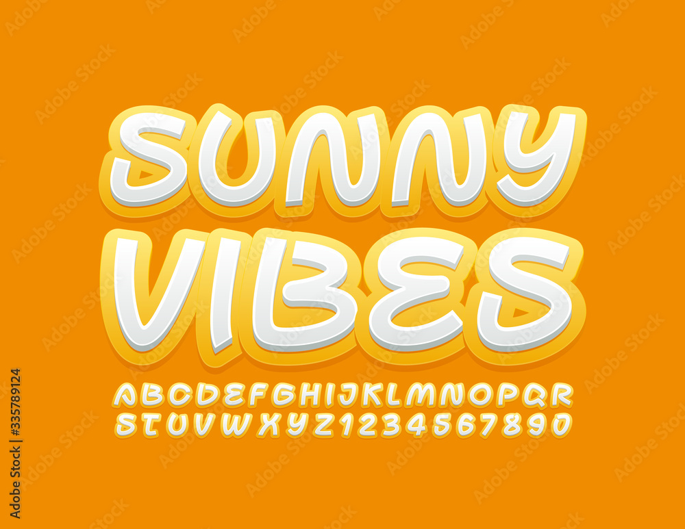 Vector creative banner Sunny Vibes. Yellow and White Alphabet Letters and Numbers. Modern trendy Font