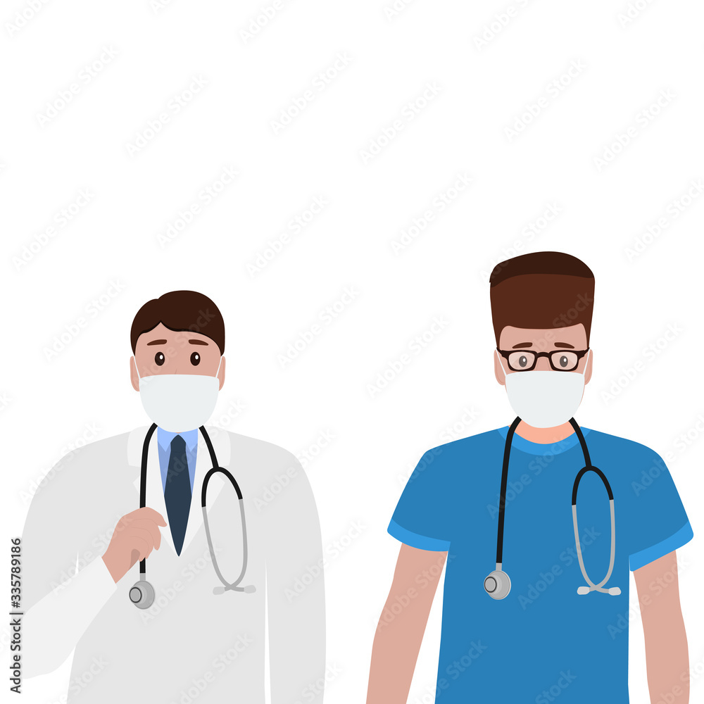 Young doctor with a stethoscope in a hospital. Cartoon flat, vector illustration