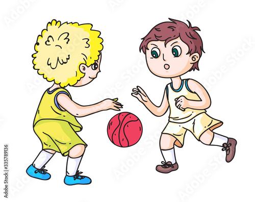 Boy basketball player team opponent fight for ball