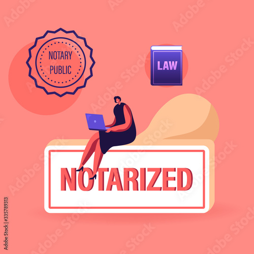 Notary Worker Character Sitting on Huge Rubber Stamper Working on Laptop with Seal Stamp and Law Book Symbols around. Documents Authorization, Lawyer or Attorney Service. Cartoon Vector Illustration