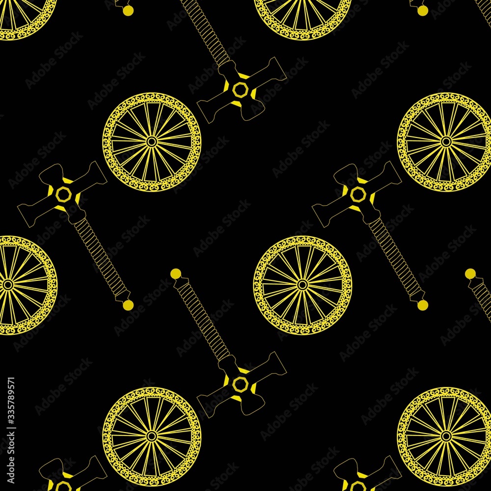 Illustrazione Stock a pattern of golden patterned wheels and hammers on ...
