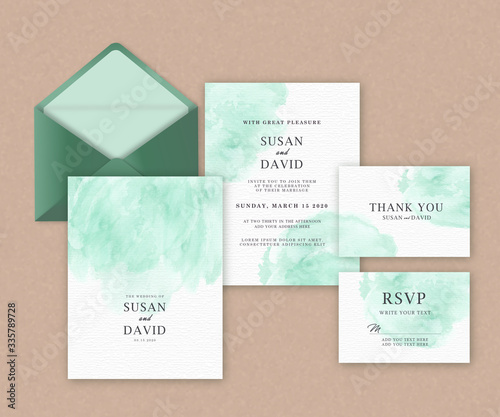 Wedding card set template with beautiful green splash watercolor  photo