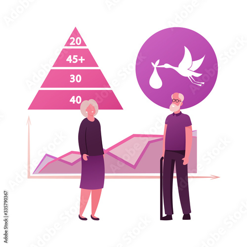 Senior Male and Female Characters Stand front of Data Chart with Demographic Statistics and Human Age Pyramid, Stork Carry Newborn Baby. Birth Rate, Generation. Cartoon People Vector Illustration