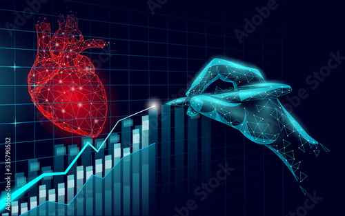 Heart science 3D medicine low poly concept. Triangle red pharmacy drugstore background. Growing trend drug treatment recovery meds vector illustration