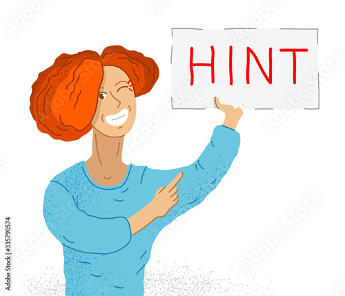 Young adorable woman shows paper sheet with Hint word on it vector illustration isolated on white background, advertising concept, attracting attention.