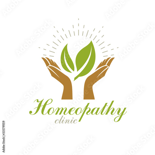 Caring hands holding green spring leaves. Wellness center abstract modern emblem for use in medical and social theme advertisement.