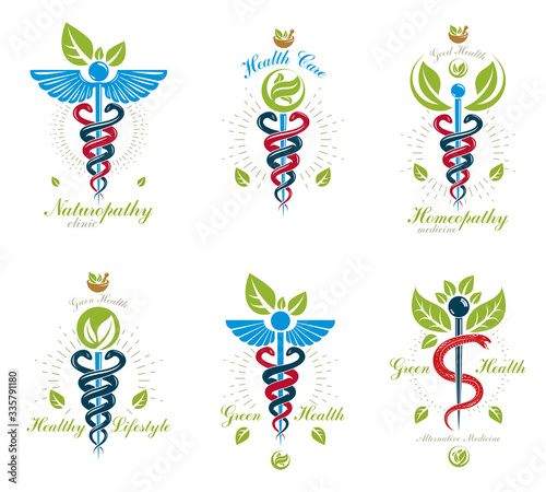 Collection of Caduceus logotypes composed with poisonous snakes and bird wings, healthcare conceptual vector illustrations. Alternative medicine theme.