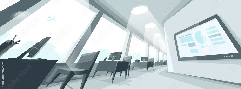 Office interior in distorted perspective vector illustration, modern workplace inner space. - obrazy, fototapety, plakaty 