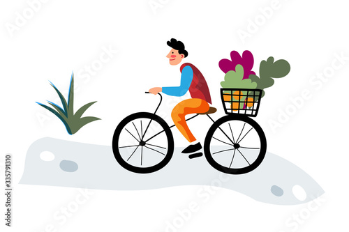 Vector characters cyclist delivers vegetables
