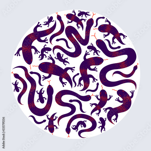 Snakes and lizards round composition in a circle vector design illustration, horror and disgusting creatures.