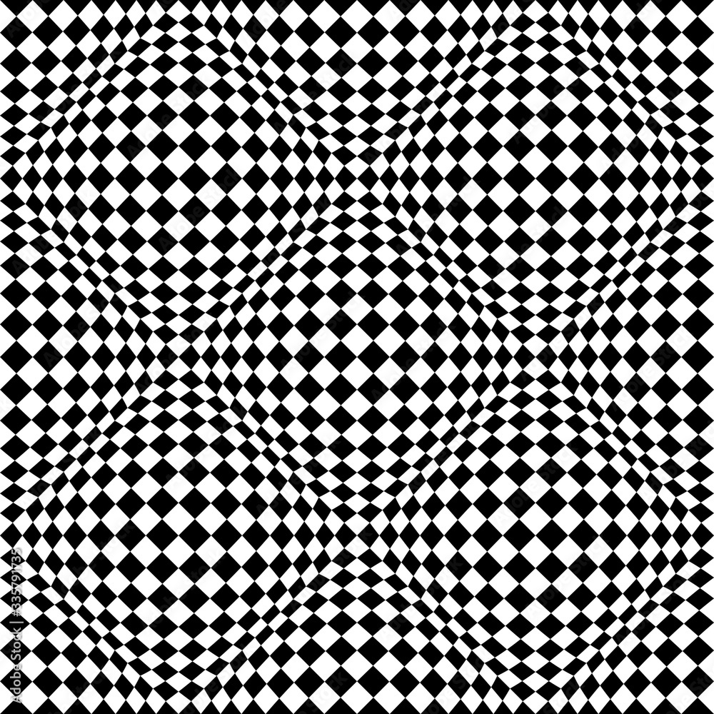 Optical illusion checkered vector abstract seamless background, black and white pattern, chess board tiles with psychedelic spherical volume, geometric checker op art.