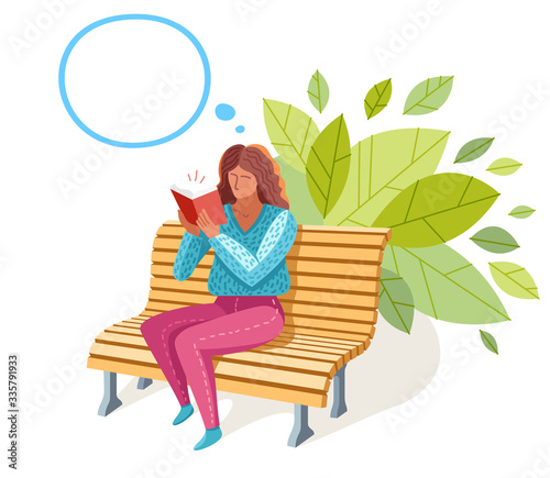 Young woman reading a book vector trendy flat illustration isolated on white, knowledge learning education, self-education, fiction literature.