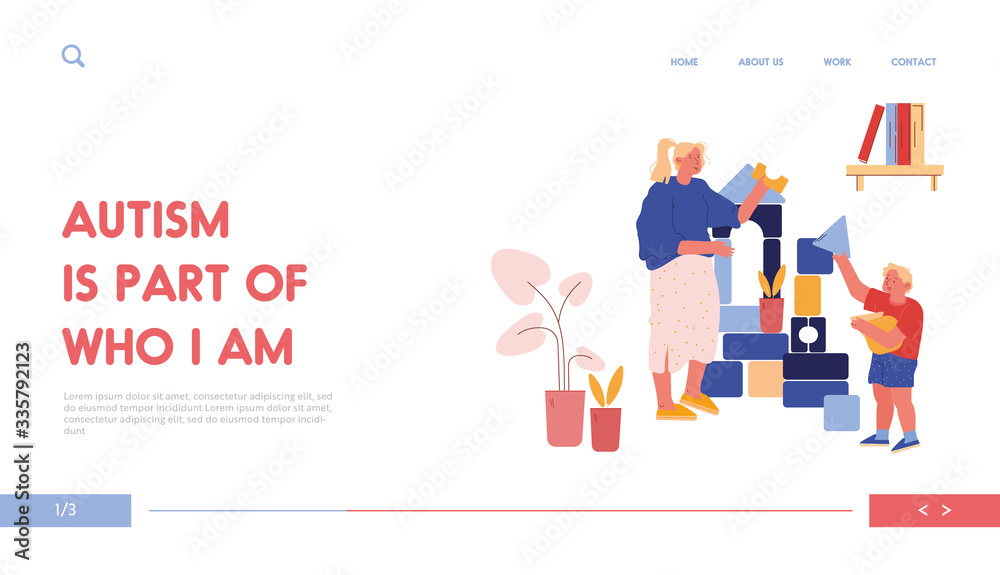 Young Woman and Little Boy with Autism Syndrome Landing Page Template. Mother with Son or Teacher Building Tower of Wooden Blocks. Characters Spend Time Together. Cartoon People Vector Illustration