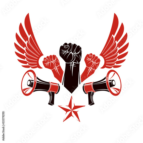 Vector advertising poster created using clenched fists raised up, bird wings and loudhailer equipment. Propaganda as the method of ideology imposing