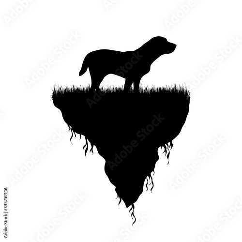 Vector silhouette of piece of land with dog on white background. Symbol of nature and planet.