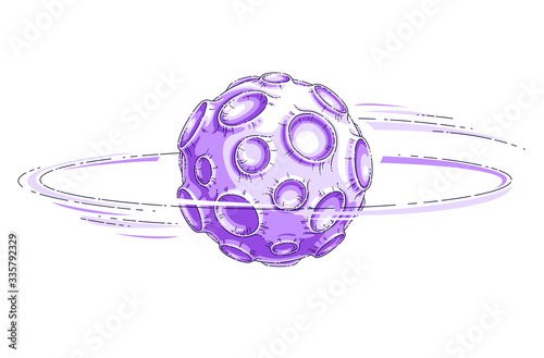 Small cartoon vector fantastic planet with craters from asteroid and meteorite rains fall. Thin line 3d vector illustration isolated on white background.