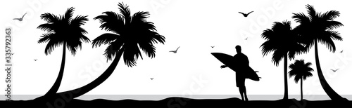 Vector silhouette of surfer on palm beach on white background. Symbol of nature and sport.