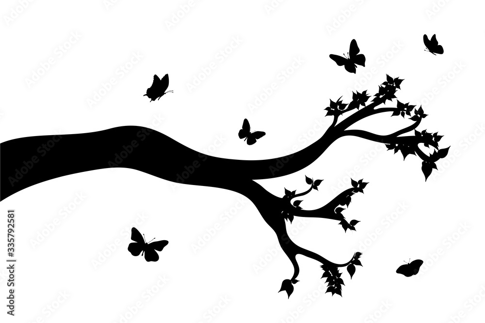 Fototapeta premium Vector silhouette of branch with flying butterflies on white background. Symbol of nature.