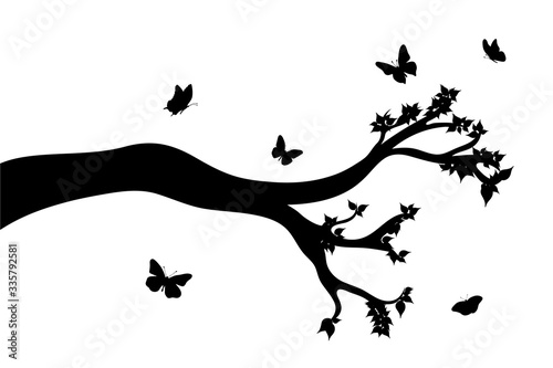 Vector silhouette of branch with flying butterflies on white background. Symbol of nature.