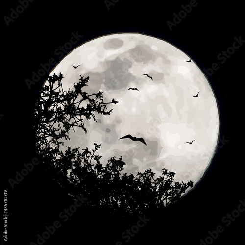 Vector silhouette of branch with flying bats on moon background. Symbol of night.