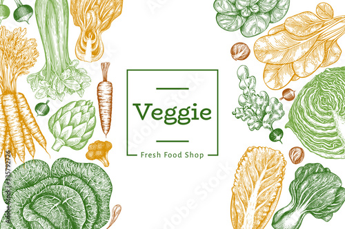 Hand drawn sketch vegetables design. Organic fresh food vector banner template. Retro vegetable background. Engraved style botanical illustrations.