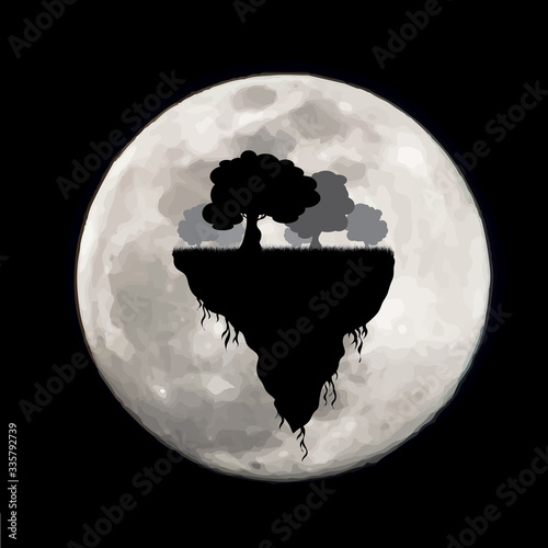 Vector silhouette of piece of land with trees on moon background. Symbol of night.