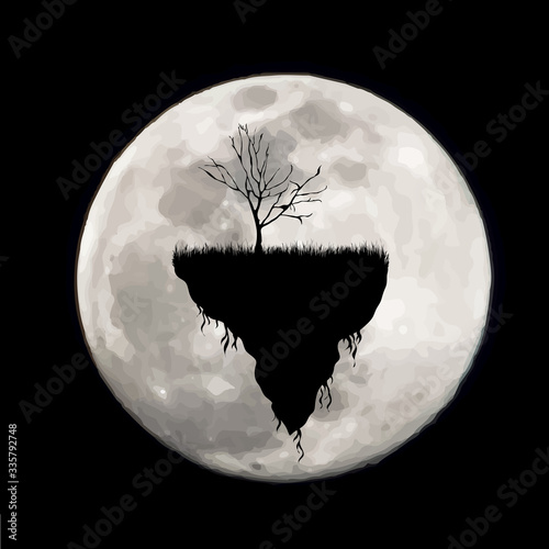 Vector silhouette of piece of land with tree on moon background. Symbol of night.