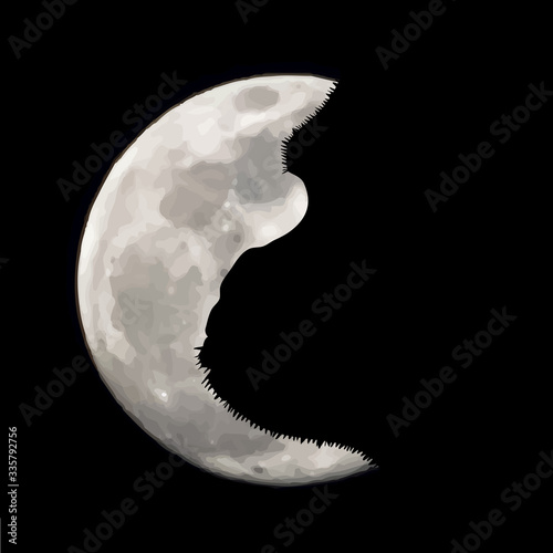 Vector silhouette of gorilla on moon background. Symbol of night.