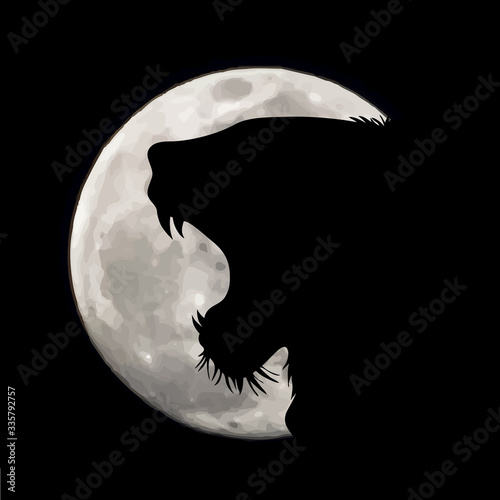 Vector silhouette of crying lion on moon background. Symbol of night.