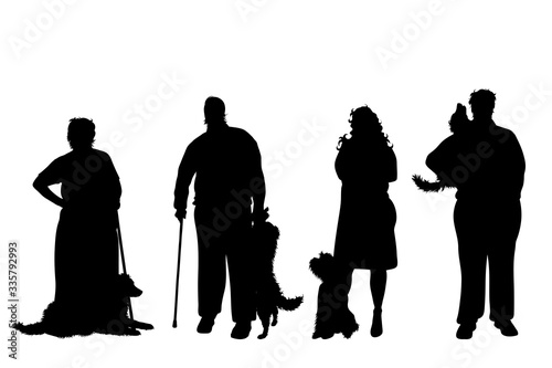 Collection of vector silhouette of different people with dog on white background. Symbol of animal.