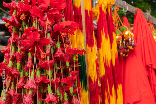 hibiscus flowers and worship strings. photo