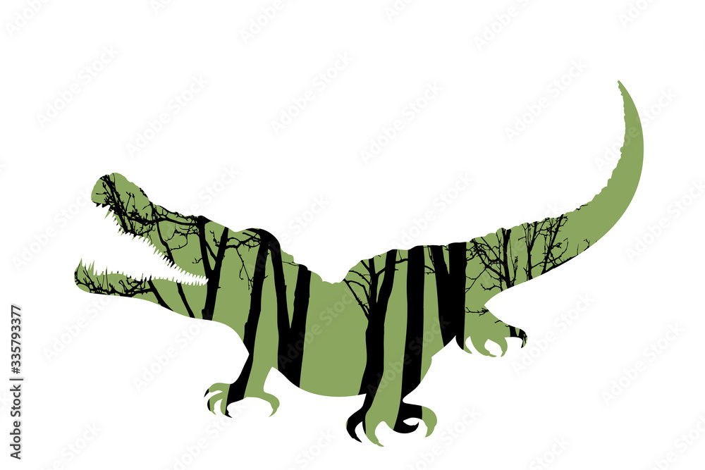 Obraz premium Vector silhouette of crocodile with trees on background. Symbol of forest.