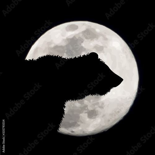 Vector silhouette of bear with moon background. Symbol of night.