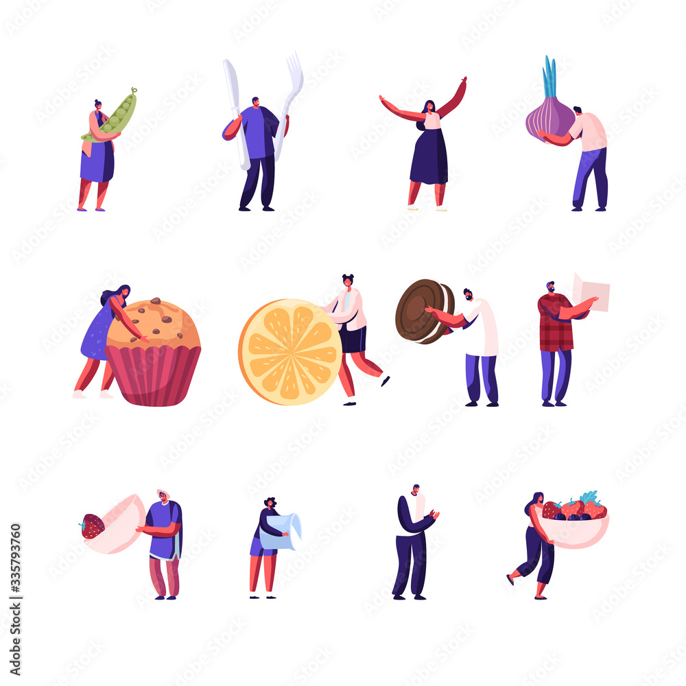 Set Male and Female Characters Hold Different Food Isolated on White Background. People Holding Bakery and Sweets, Onion and Green Peace, Fresh Berries, Fork and Knife. Cartoon Vector Illustration Set Male and Female Characters Hold Different Food Isolated on White Background. People Holding Bakery and Sweets, Onion and Green Peace, Fresh Berries, Fork and Knife. Cartoon Vector Illustration