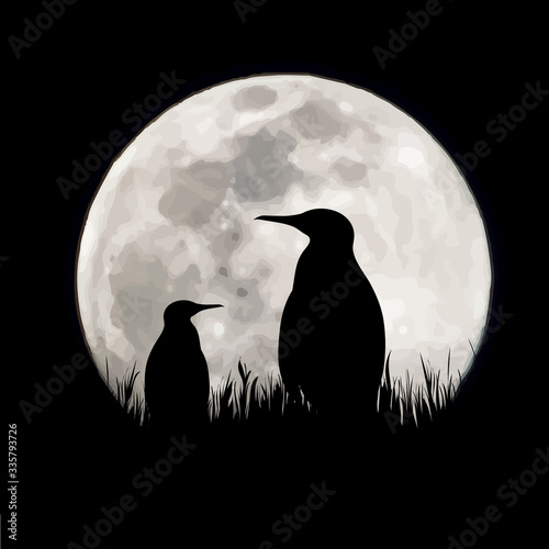 Vector silhouette of penguin with moon background. Symbol of night.