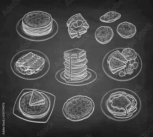 Chalk sketch set of crepes and pancakes.