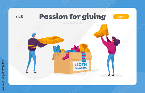 Characters Volunteers of Charity Organization Collecting Clothes for Beggars Living on Street. Landing Page Template. Girl Hold Show from Box with Donated Dressing. Cartoon People Vector Illustration