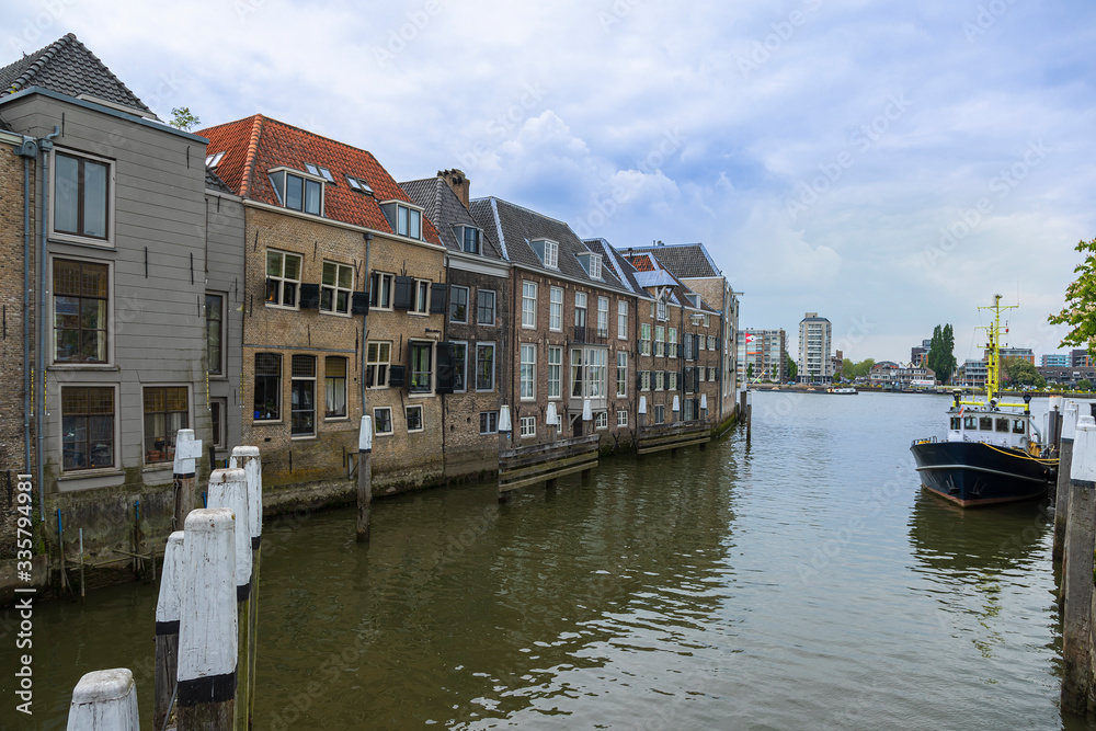 Dock and moorings on a canal in the historic city of Dordrech