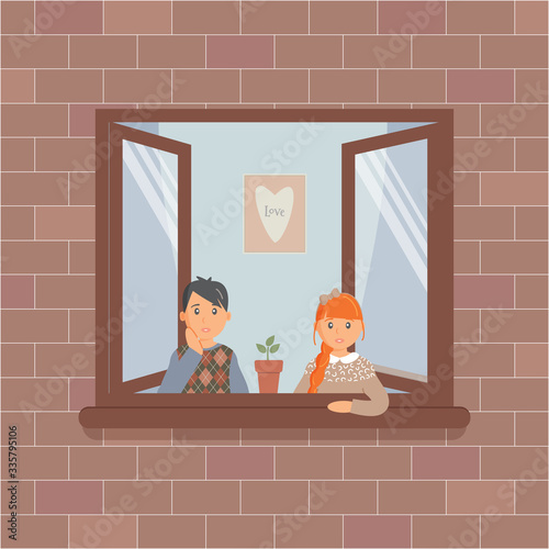 Children stay at home during the quarantine. Kids look sadly out of an open window during a virus epidemic.Cute picture on wall and home plant in a pot on the window.Vector colourful illustration