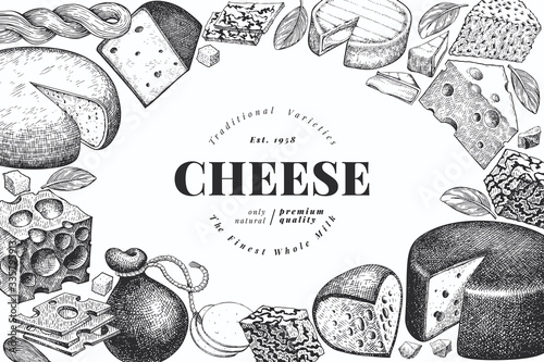 Cheese design template. Hand drawn vector dairy illustration. Engraved style different cheese kinds banner. Vintage food background.